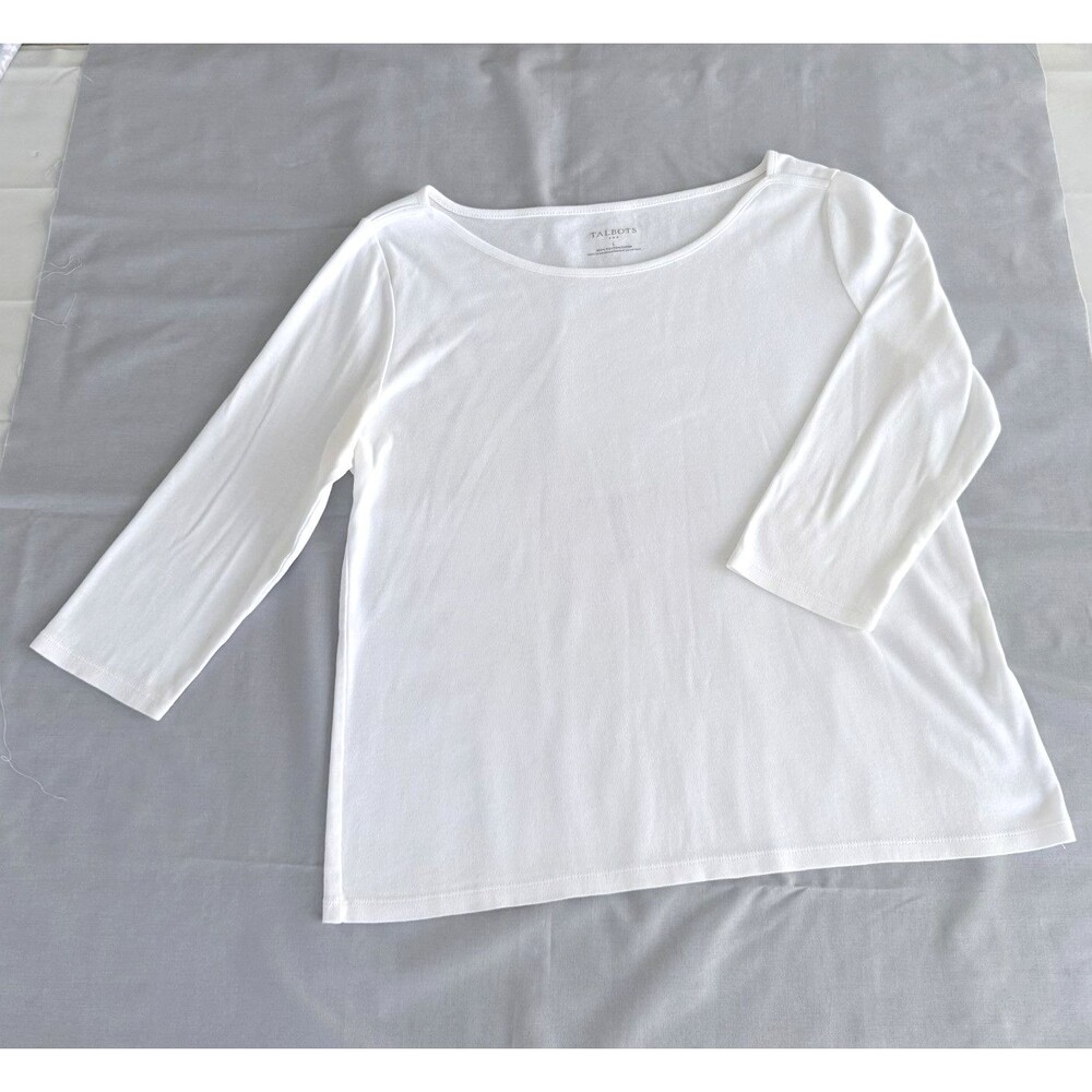 Talbots Tee Large L Basic White 3/4 Sleeve Stretch Casual Boat Neck 100% Cotton